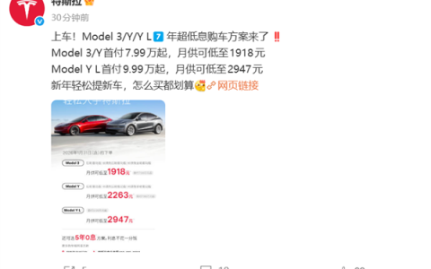 特斯拉首推7年超低息购车方案：Model 3/Y首付7.99万 月供1918元